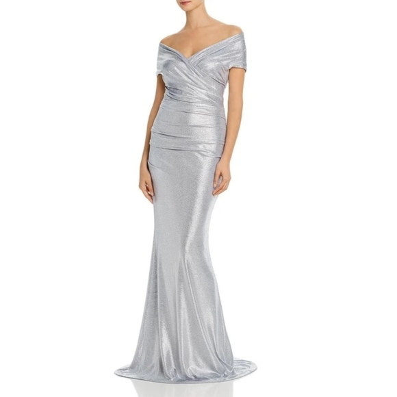 🔥Eliza J Metallic Silver Off-the-Shoulder Evening Gown - Picture 3 of 15